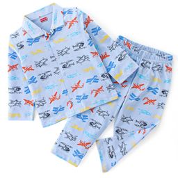 Babyhug Cotton Knit Full Sleeves Night Suit Air Plane Print- Blue-image-56