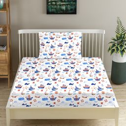Trance Home Linen Cotton Single Size Printed Kids Flat Bedsheet with 1 Pillow Cover- Boat Blue-picture-8