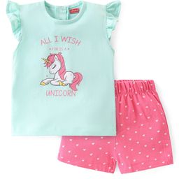 Babyhug Cotton Knit Single Jersey Frill Sleeves Night Suit With Unicorn Print - Blue & Pink-image-47