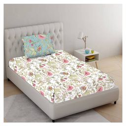 Trance Home Linen Floral Design Pure Cotton Single Elastic Fitted Bedsheet - Calicut White Green-picture-29