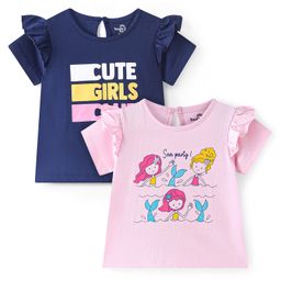 Doodle Poodle 100% Cotton Single Jersey Half Sleeves  Tops with Frill Detailing Text Print Pack of 2 - Pink & Blue-image-32