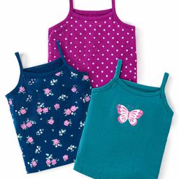 Babyhug 100% Cotton Knit Singlet Sleeves Antibacterial Slips with Polka Dots Butterfly  & Floral  Pack of 3 - Green Pink & Blue-image-99