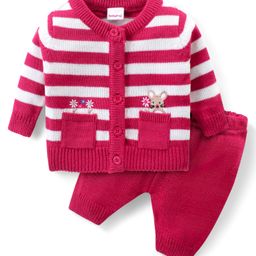 Babyhug Knitted Full Sleeves Front Open Sweater Set With Stripes & Floral Embroidery - Pink-image-132