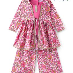 Babyoye Cotton Woven Top & Palazzo Set with Three Fourth Sleeves Jacket Floral Print - Pink-image-36