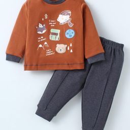 Zero Interlock Knit Full Sleeves Animal Printed T-Shirt & Joggers Set - Brown & Charcoal Grey-picture-16