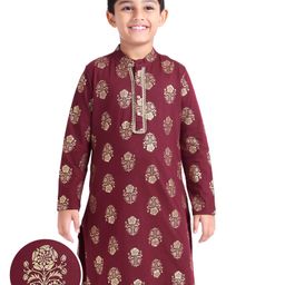 Earthy Touch Single Jersey Knit Full Sleeves Floral Golden Foil Printed Kurta - Maroon-image-84
