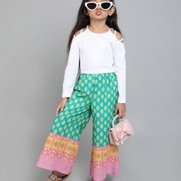 Taffykids Cotton Jersey Full Sleeves Cold Shoulder Solid Crop Top & Ethnic Motifs Printed Palazzo Set - White & Green-image-83