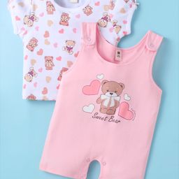 ToffyHouse Cotton Knit Half Sleeves Dungaree Style Romper & T-Shirt with Bear Print - Pink & White-image-71