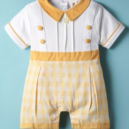 ToffyHouse Cotton Woven Half Sleeves Rompers With Checks & Collar Neck - Golden & White-picture-1