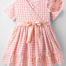Mark & Mia Cotton Woven Half Sleeves Frock With Checks & Bow Detailing - Peach-image-66