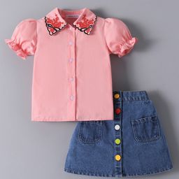 Mark & Mia Cotton Puffed Sleeves Top & Skirt with Embroidered Collar - Pink-image-101