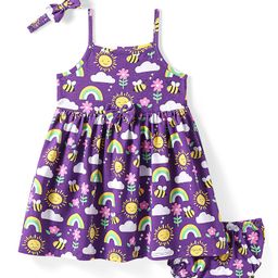 Babyhug Cotton Knit Sleeveless Floral Printed Frock With Bloomer & Headband - Purple-picture-11