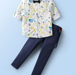 Mark & Mia Cotton Woven Full Sleeves Printed Shirt & Trouser With Bow & Suspender - White & Navy Blue-picture-20
