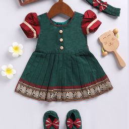 Vastramay Cotton Half Puffed Sleeves Elephant Embroidered Dress With Headband & Booties - Green-image-80