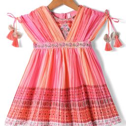 Babyhug Woven Sleeveless Floral Printed & Embellished Ethnic Dress - Orange-image-91