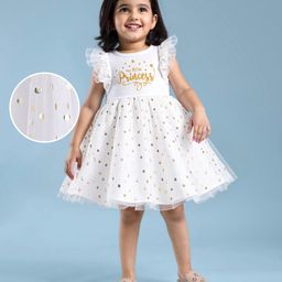 Babyhug Woven Sleeveless Mesh Fit And Flare Party Dress With Foil Text Print - White-image-52