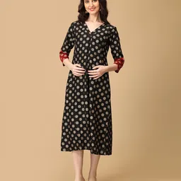 The Mom Store Cotton Three Fourth Sleeves Floral Foil Printed Maternity Dress With Nursing Access - Black-picture-7