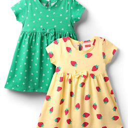 Babyhug Single Jersey Knit Half Sleeves Floral & Strawberry Printed Frocks With Bow Applique Pack of 2 - Yellow & Green-image-31