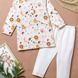 Desi Soota Cotton Full Sleeves Tiger Printed Kurta Pyjama Set - White-image-52