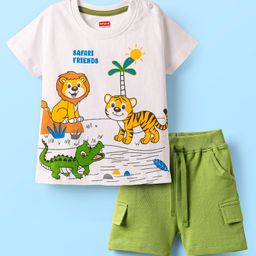 Babyhug Single Jersey Knit Half Sleeves T-Shirt & Shorts Set with Animal Print - White & Green-image-28