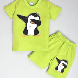 Kiwi Cotton Sinker Half Sleeves Penguin Printed Coordinating Tee & Shorts Set - Neon Green-image-23