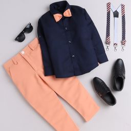 Lil' Homies Cotton Blend Full Sleeves Solid Shirt & Pant With Suspender & Bow Set - Peach & Navy Blue-image-23