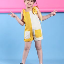 BaawRi Cotton Woven Sleeveless Colour Blocked & Polka Dots Printed Jumpsuit - Off White & Yellow-image-7