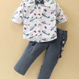 Dapper Dudes Full Sleeves Aircrafts Printed Shirt With Bow Suspender & Pant Set - Grey-image-62
