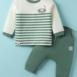 Ollypop Interlock Knit Full Sleeves T-Shirt & Diaper Pant Set With Dog Print - Cream & Green-image-29