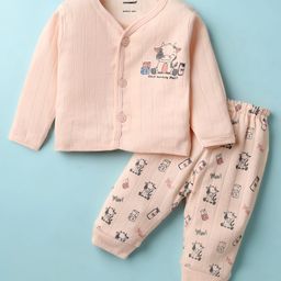 CUCUMBER Sinker Knit Full Sleeves Night Suit with Animal Print - Pink-image-100