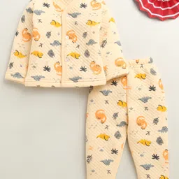 Bumzee Knit Full Sleeves Winter Wear Front Open T-Shirt & Lounge Pant Co-Ord Set With Dino Print - Peach-picture-16