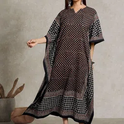 Taavi Printed Cotton Notch Neck Kaftan Dress-image-9
