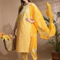 KALINI Leheriya Printed Thread Work Pure Cotton Straight Kurta with Trouser & Dupatta image 4