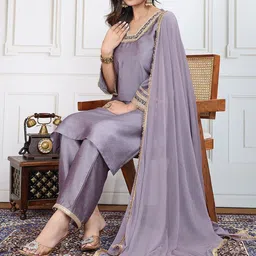House of Pataudi Square Neck Kurta, Trouser & Dupatta Set-54