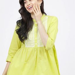 Vishudh Lime Green & White Geometric Mandarin Collar Pure Cotton Cinched Waist Top-14
