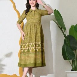 DECKEDUP Green Cotton Printed Short Sleeves Dress-picture-15
