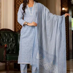 GoSriKi Ethnic Motifs Printed Straight Kurta with Trousers & Dupatta-image-22