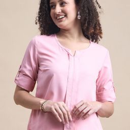 The Roadster Lifestyle Co. Pink Round Neck Roll-Up Sleeves Crepe Top-picture-52