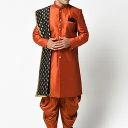 DEYANN Men Rust Orange Woven Design Dupion Silk Sherwani with Dhoti Pants & Dupatta-image-17