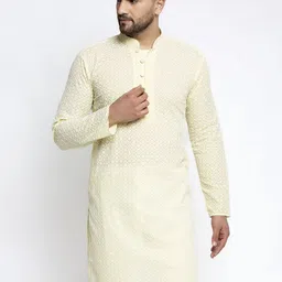 Jompers Men Yellow Floral Embroidered Thread Work Kurta-image-69