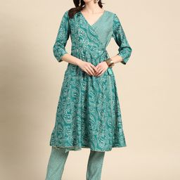 Sangria Women Turquoise Blue Paisley Printed Angrakha Gotta Patti Kurta with Trousers-image-23