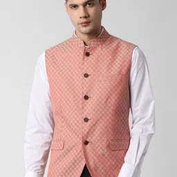 Peter England Men Orange Woven Design Nehru Jacket-image-97