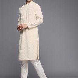 Manyavar Men Cream-Coloured Ethnic Motifs Thread Work Kurta with Churidar image 4