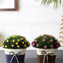 FOLIYAJ Set of 2 Green, Pink & Yellow Artifical Bushes With Pots-9