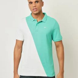 Lee Teal & White Cotton Slim Fit Colour Block Polo T-Shirt-image-82