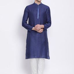 Sanwara Men Navy Blue Thread Work Mandarin Collar Woven Design Kurta-picture-23