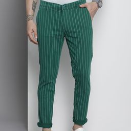 The Indian Garage Co Men Green Striped Slim Fit Chinos-image-68