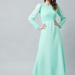 Athena Women Sea Green Self Design Fit and Flare Dress-image-2