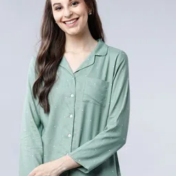 Tokyo Talkies Women Teal Green & White Regular Fit Printed Sleep Shirt-10