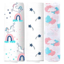 Elementary Organic Cotton Muslin Swaddle Wraps Magical Unicorn Rainbow Theme Print Set of 3 - Pink Blue and Off White-25